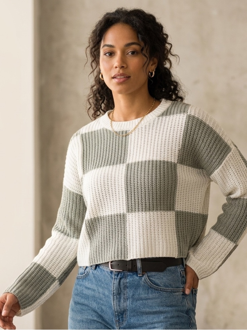 Moon and Madison green and white checkered cropped sweater